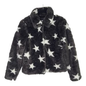 🪷3/$20🪷 Macy's Girls  Black Faux Fur  Bomber Jacket Black White Stars